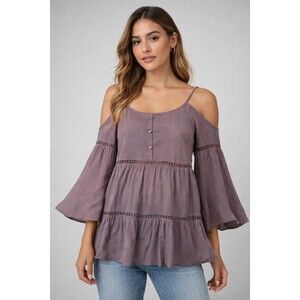 Anthropologie Staring at Stars Boho Cold Shoulder Bell Sleeve Top Mauve Size M